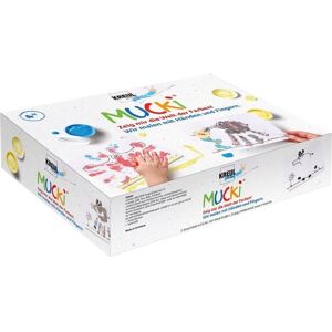 KREUL MUCKI Farben Spiel Kiste, 5 x 50 ml Fingermalfarbe, Wir malen mit Händen & Fingern Image