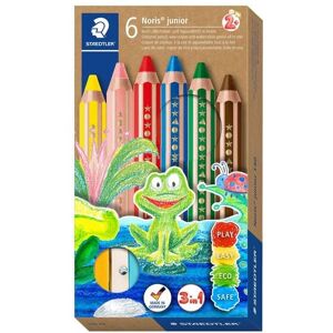 STAEDTLER Noris junior 140 Kindermalstift 3 in 1, Kartonetui mit 6 Malstiften in sortierten Farben und 1 Spitzer, 140 C6 Image