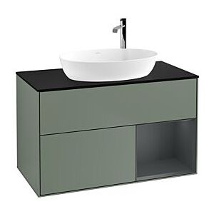 Villeroy und Boch Finion Waschtischunterschrank F902HGGM 100cm, Abdeckplatte black matt, Regale Midnight matt lacquer, Olive Matt Lacquer Image