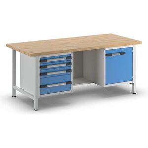 Werkbank, Gestellbauweise Serie 8000, 4 Schubladen: 2 x 90, 1 x 120, 1 x 240 mm, 1 Tür 540 mm, Mitte offen, BxT 2000 x 900 mm eurokraft pro Image