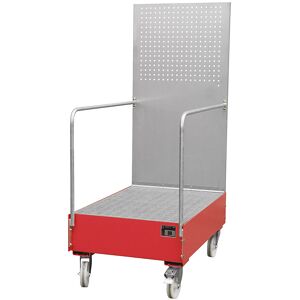 Fahrbare Auffangwanne mit Lochplattenwand, 2 x 200-l-Fass stehend hintereinander, LxBxH 1280 x 800 x 2015 mm, feuerrot eurokraft pro Image
