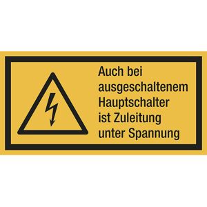 kaiserkraft Kombischilder mit Text für Warnkennzeichen, Auch bei ausgeschaltetem Hauptschalter ist Zuleitung unter Spannung, VE 10 Stk, Folie, LxH 52 x 26 mm Image