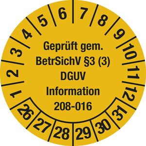 kaiserkraft Geprüft gem BetrSichV §3, Dokumentenfolie, Ø 30 mm, VE 10 Stk, 26 - 31, gelb Image