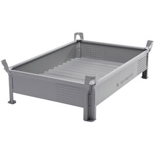 Stapelbehälter aus Stahlblech, niedrige Bauform, Wände geschlossen, BxL 800 x 1200 mm, Traglast 500 kg, grau, ab 10 Stk Heson Image