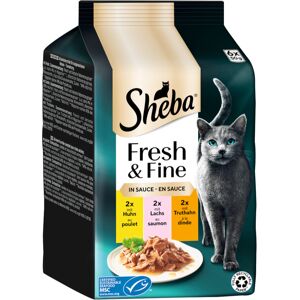6x 50g Fresh & Fine Frischebeutel Huhn, Lachs & Truthahn in Sauce Sheba Nassfutter für Katzen Image