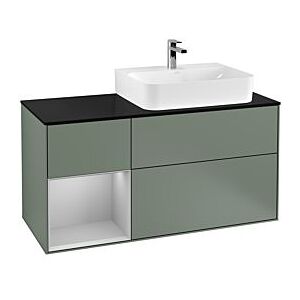 Villeroy und Boch Finion Waschtischunterschrank F142GJGM 120cm, Abdeckplatte Glass Black Matt, Regal links Light grey matt, Olive Matt Lacquer Image