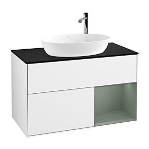 Villeroy und Boch Finion Waschtischunterschrank F902GMGF 100cm, Abdeckplatte black matt, Regale Olive matt lacquer, Glossy white lacquer Image