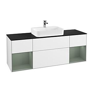Villeroy und Boch Finion Waschtischunterschrank G452GMGF 160cm, Abdeckplatte black matt, Emotion, Regale Olive matt lacquer, Glossy white lacquer Image