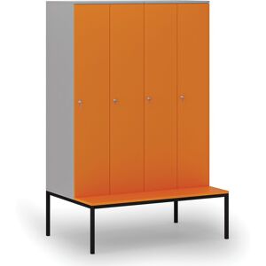 B2B Partner Dřevěná šatní skříňka s lavičkou, 4 oddíly, 1871 x 1200 x 500/800 mm, demont, cylindrický zámek, šedá/oranžová Image