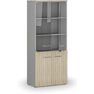 B2B Partner Kombinovaná kancelářská skříň s dřevěnými a skleněnými dveřmi PRIMO GRAY, 800 x 420 x 1781 mm, šedá/dub přírodní Image
