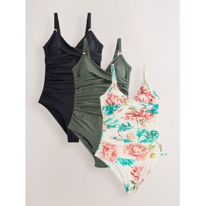 Next White Floral/Khaki Green/Black 3 Pack Tummy Control Swimsuit Image