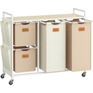 VASAGLE Cesto para Ropa Sucia, 4 Compartimentos, Cesta Ropa Sucia 150 L, con Estante Ruedas, Bolsa Colada, con Bolsillos Extraíbles, 6 Etiquetas, Beige Natural, Marrón Camello y Blanco Crema Image