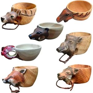 Ninguno Taza de agua de madera de goma, mapache, Lobo, zorro, jabalí, ciervo, cabeza de pez, marca estéreo 3D, taza de agua tallada a mano, taza con cabeza de Animal, 1 Uds. Image