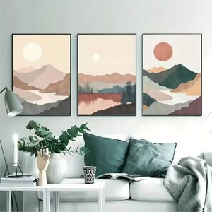 Ninguno Juego de 3 uds de arte de pared de sol abstracto sin marco, cartel bohemio de lago y montaña, pintura en lienzo tradicional vintage, simple l Image