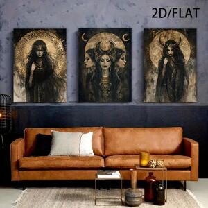 Ninguno 2D plano, 3 piezas sin marco Hecate Triple Moon Goddess Poster - Arte místico, decoración de pared de lienzo dorado negro para sala de estar, dormitorio Image