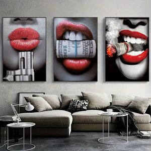 Ninguno Arte de pared de lienzo de 3 piezas: impresiones artísticas de labios sexys con temática de moda, juego de carteles de glam moderno para el hogar, la oficina, la sala de estar, el dormitorio Image