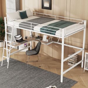 FORTUNA LAI Cama loft 90x200 cm, cama infantil de metal con escalera, escritorio en forma de L y 1 estantería, blanca Image