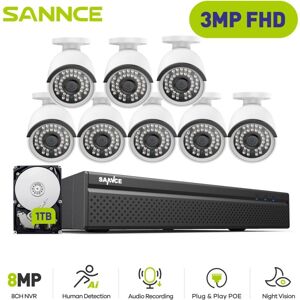 Sannce - PoE Kit Cámaras de Vigilancia Cable,8CH nvr con 3MP × 8 Cámara Visión Nocturna Audio Alertas Sistema de Videovigilancia,1TB hdd Image