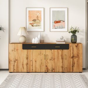 Pd1 Credenza Cucina con Design Moderno in Marmo e Rovere, Credenza Bassa per Soggiorno, con 4 Ante e 2 Cassetti, 208x39.5x80 cm, Marrone   Aosom Italy Image