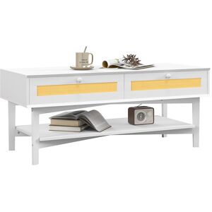 Homcom Tavolino da Caffè Boho con 2 Cassetti e Ripiano, in Rattan e Truciolato, 120x50x50 cm, Bianco e color Legno Aosom Image