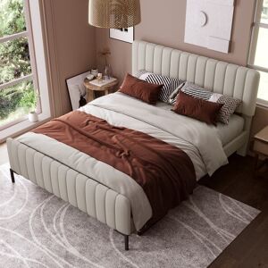 Ab Store Letto Matrimoniale Imbottito in Tessuto Lino 140x200 cm, con Testiera Regolabile e Rete a Doghe, Senza Materasso, Grigio-Beige Image