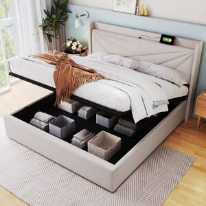 Ab Store Struttura Letto Matrimoniale in ferro con Contenitore e USB-C, testiera imbottita con spugna morbida,140x200 cm, Senza Materasso, Beige  Aosom Italy Image