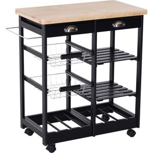 Homcom Carrello Cucina Portafrutta con Ruote Cassetti e Portabottiglie Salvaspazio in Legno MultifunzioneNero 74x37x76cm Aosom Image