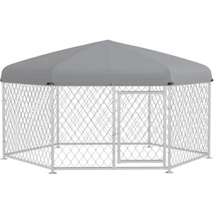 Pawhut Recinto per Cani Taglia Grande con Tetto in Tessuto Oxford Anti UV, 2.1x1.85x1.5m, Argento e Grigio Aosom Image
