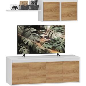 Homcom Set Mobile TV e Armadietto a Muro con 7 Ripiani e Scaffale Aperto, in Legno, 120x41x43.3 cm, Bianco e color Legno Image