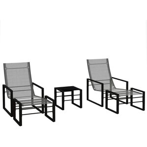 Outsunny Set da giardino 5 pezzi 2 posti con 2 poltrone, 2 poggiapiedi e 1 tavolo, metallo nero, seduta in tessuto mesh grigio Image