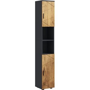 Kleankin Mobile Colonna Armadio Bagno 2 Porte Ripiano Regolabile 2 Nicchie 30 x 30 x 183 cm Rovere Grigio Scuro Image