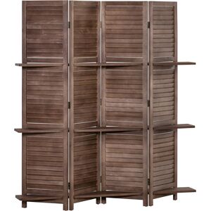 Homcom Paravento Interno a 4 Pannelli 162L x 170H cm 3 Ripiani Pieghevoli Separatore di Ambiente Porte a Persiana Legno di Paulownia Noce Image