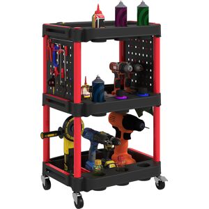 Homcom Carrello Porta Attrezzi a 3 Livelli in Plastica con Pannello Forato Laterale, Nero e Rosso   Aosom Italy Image
