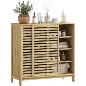 Homcom Armadio da Bagno in Bambù con 2 Porte Scorrevoli Design a Listelli 4 Ripiani Mobiletto Portaoggetti 80x34x80 cm Naturale   Aosom Italy Image