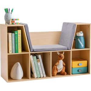 Homcom 2-in-1 Scaffale per Bambini Scaffale + Panca con Cuscino 103 cm × 30 cm × 62 cm Bianco + Grigio   Aosom Italy Image