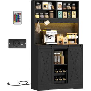 Homcom Credenza da Cucina Alta Stile Rustico con 2 Armadietti, Portabottiglie, Prese di Ricarica e Luci LED, Nero   Aosom Italy Image