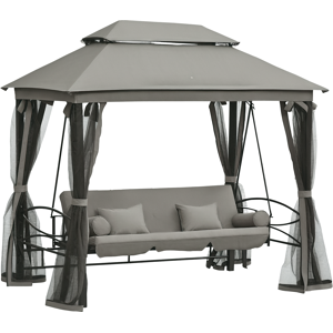 Outsunny Dondolo 3 Posti e Lettino Singolo Copertura a Gazebo con Zanzariera e Cuscini, Grigio Scuro 256x172x248cm Aosom Image