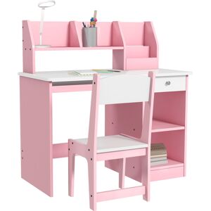 Zonekiz Scrivania per bambini con sedia ergonomica con piano scorrevole, cassetto, nicchie e mensole aperte 90 x 45 x 90 cm rosa   Aosom Italy Image