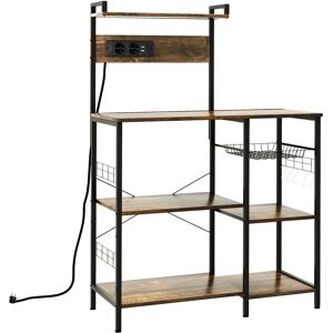 Homcom Scaffale Cucina Multipresa per Microonde con Ripiani e Cestino a Rete, 90x42x130cm, Marrone Image