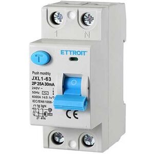 Ettroit Interruttore Differenziale Puro 2p 25a 6ka 30ma 220v Salvavita 2 Moduli Din  Jx322561 Image