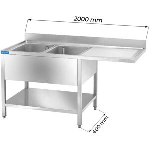Lavello aperto in acciaio inox con vano per lavastoviglie con 2 vasche e gocciolatoio a destra L2000xP600xH850 mm linea premium Image