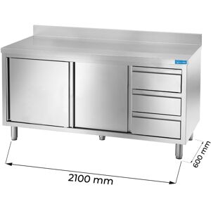 Tavolo armadiato in acciaio inox con 3 cassetti verticali a destra con alzatina L2100xP600xH850 mm linea premium Image