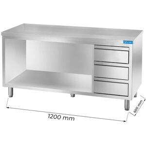 Tavolo a giorno in acciaio inox con 3 cassetti verticali a destra senza alzatina L1200xP600xH850 mm linea premium Image