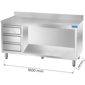 Tavolo a giorno in acciaio inox con 3 cassetti verticali a sinistra con alzatina L1600xP700xH850 mm linea premium Image
