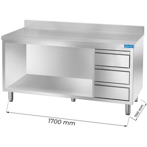 Tavolo a giorno in acciaio inox con 3 cassetti verticali a destra con alzatina L1700xP700xH850 mm linea basic Image