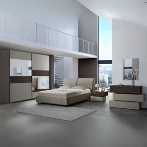 TOSCOHOME Camera da letto con armadio 2 ante scorrevoli specchi e letto contenitore colore tortora e noce - Kendra Image