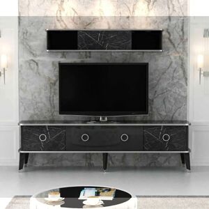 TOSCOHOME Mobile porta tv 180 cm con pensile effetto marmo nero e particolari argento - Bientv 180 Image