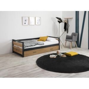 Unique Wysuwane łóżko BOSTON w industrialnym stylu – 2 × 90 × 190 cm – MDF, drewno sosnowe i metal, z materacem Image