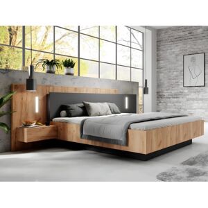 Unique Łóżko z szafkami nocnymi 160 x 200 cm - 2 szuflady - Z oświetleniem LED - Kolory: naturalny i antracytowy + Stelaż + Materac - FRANCOLI Image