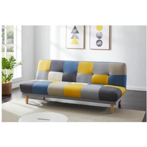 Vente-unique Sofá de 3 lugares clic-clac em tecido e cores patchwork cinza, azul e amarelo - MARDAG Image